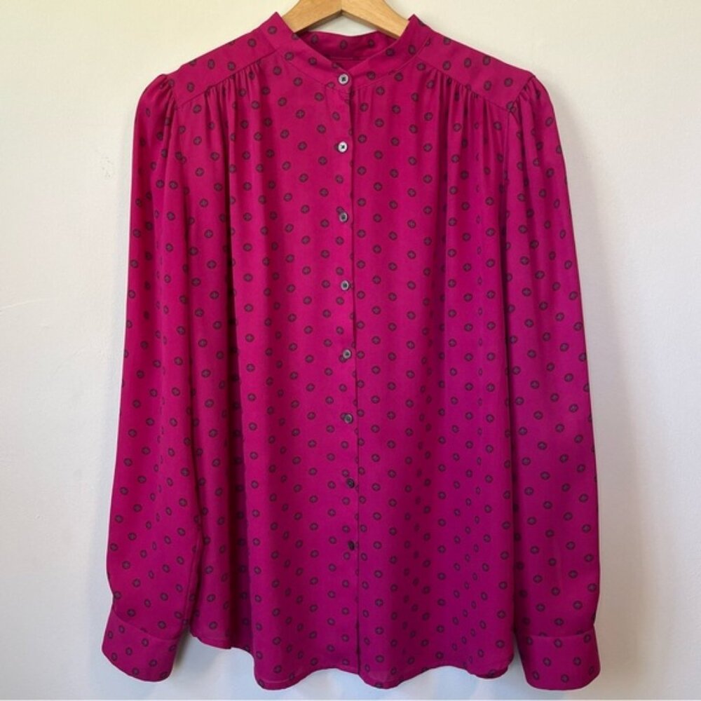 Ann Taylor LOFT Fuchsia Long Sleeve Collarless Blouse, Size M